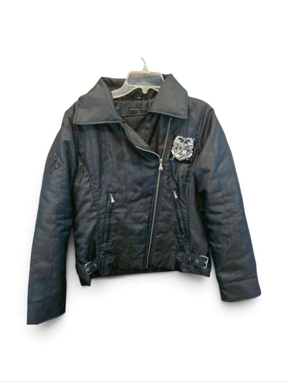 Baby Phat Womens Black Quilted Moto Jacket with Crest Patch Size L